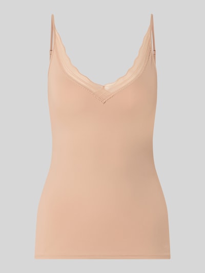 Produktfoto, beżowy top z cienkimi ramiączkami, obszycie koronką, krój slim fit, Slim Fit Top mit Spitzenbesatz Modell 'Go Blush' von Sloggi, damski top, model 'Go Blush', Spaghettiträger