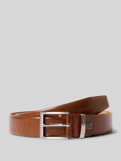Produktfoto, Ledergürtel mit Dornschließe von Pierre Cardin aus Echtleder, breite Form, Unifarbenes-Design, Label-Detail, 3,5 cm breit