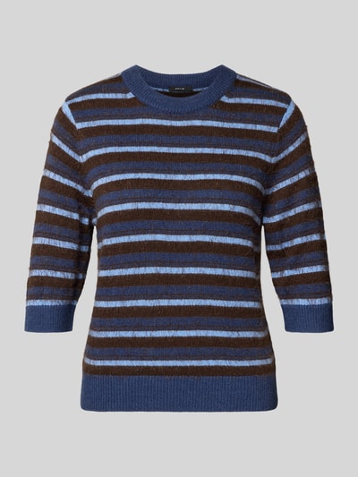 Produktfoto, Strickpullover mit gerippten Abschlüssen von OPUS, bawełniany miks, krój slim fit, dekolt okrągły, 1/2-rękaw, niebiesko-brązowe paski, długość tyłu w rozmiarze 36: 53 cm, długość rękawa: 31 cm, tekstura prążkowana