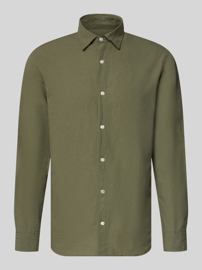 Produktfoto, Khaki Koszula casualowa z mieszanki bawełny i lnu, krój regular fit, model 'BREEZE' od JACK & JONES, kołnierzyk typu kent, listwa guzikowa, długość tyłu 73 cm, szerokość ramion 48 cm, długość rękawów 63 cm w rozmiarze M