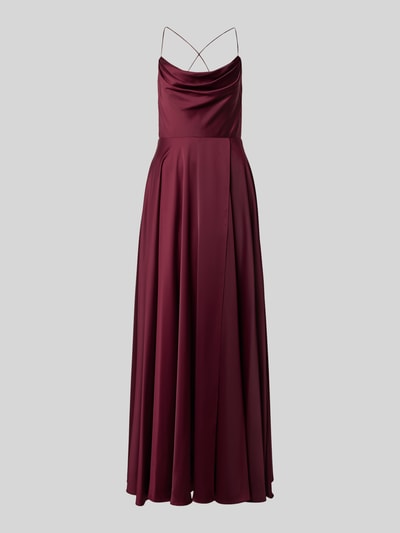 Produktfoto, Abendkleid aus Satin mit Wasserfall-Ausschnitt von Vera Mont, A-Linie, Maxikleid in Dunkelrot, glatte Satin-Optik, Rückenlänge bei Größe 36: 129 cm, Brustweite bei Größe 36: 31 cm.