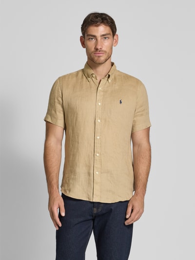 Polo Ralph Lauren Custom Fit Leinenhemd mit Button-Down-Kragen Camel 4