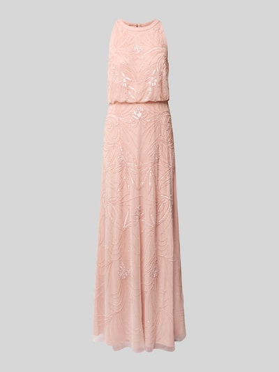 Produktfoto, Regular Fit Abendkleid mit floralem Allover-Stitching von Adrianna Papell in zartem Rosa mit Ziersteinbesatz, Rundhalsausschnitt, Ärmelloses-Design, Reißverschluss, Rückenlänge 150 cm, Brustweite 42 cm, feine Stick-Textur und leicht glänzende Details.