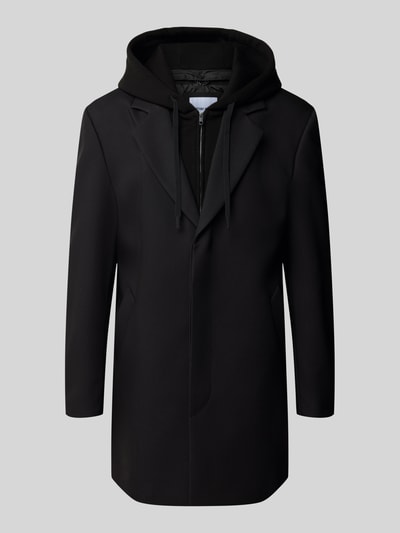 Produktfoto, Kurzmantel im 2-in-1-Look von Antony Morato in Schwarz mit Kapuze, Reverskragen und Eingrifftaschen, glatte Textur.
