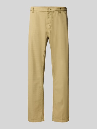 Produktfoto, Straight Fit Hose aus reiner Baumwolle von Diesel in Beige mit Gürtelschlaufen, Gesäßtaschen, Knopf- und Reißverschluss, sichtbare Struktur, Hose liegt flach, Bundweite 44 cm bei Größe 50, Innenbeinlänge 78 cm bei Größe 50.