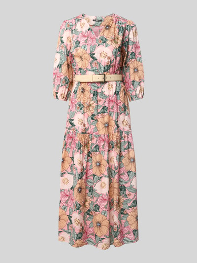 Produktfoto, Midikleid aus Viskose-Baumwoll-Mix mit Gürtel von Zero im Allover-Look mit floralen Mustern, taillierter Schnitt, cremefarben, Struktur und Details laut Kontext: V-Ausschnitt, Rückenlänge bei Größe 36: 126 cm, Brustweite 42 cm, Ärmellänge 46 cm