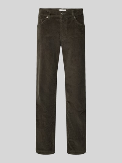 Produktfoto, dunkelbraune gerade geschnittene Cordhose aus Baumwoll-Mix mit feiner Rippenstruktur, Straight Fit Cordhose aus Baumwoll-Mix Modell 'Mythos Flex Cord' von Brax, Herren Cordhose von Brax
