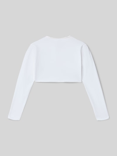 Produktfoto, weißer Regular Fit Bolero aus Baumwoll-Mix von s.Oliver RED LABEL, unifarben, langarm, 1-Knopf-Verschluss, Rückansicht.