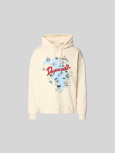 Produktfoto, Relaxed Fit Hoodie mit Logo-Print von Dsquared2 aus reiner Baumwolle, cremefarben mit buntem Print, Kapuze mit Tunnelzug, elastische Abschlüsse, Rückenlänge bei Größe M 71 cm.