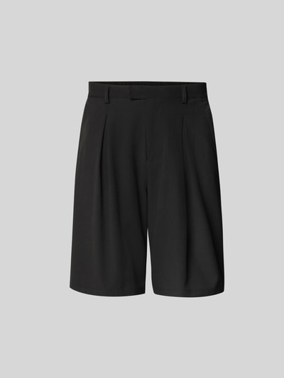 Produktfoto, schwarze Shorts mit Viskose-Anteil von Don’t Waste Culture, Relaxed-Fit, teilelastischer Bund, Gesäßtaschen, Haken-Reißverschluss, glatte Textur, Innenbeinlänge 40 cm, Bundweite 24 cm, Elastischer-Material-Mix.