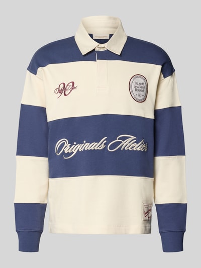Produktfoto, Sweatshirt mit Polokragen Modell 'SALAMANCO' von JACK & JONES in Blau und Creme, reine Baumwolle, Regular Fit, Allover-Look, verdeckte Knopfleiste, Stickereidetails, Rückenlänge Größe M 69 cm