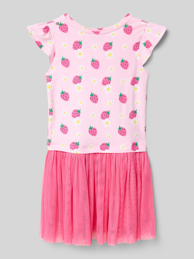 Productfoto, Regular Fit jurk met motiefprint van DANAMADE voor kinderen, roze met aardbeien, katoenmix, kapmouwen, mesh, plooien look