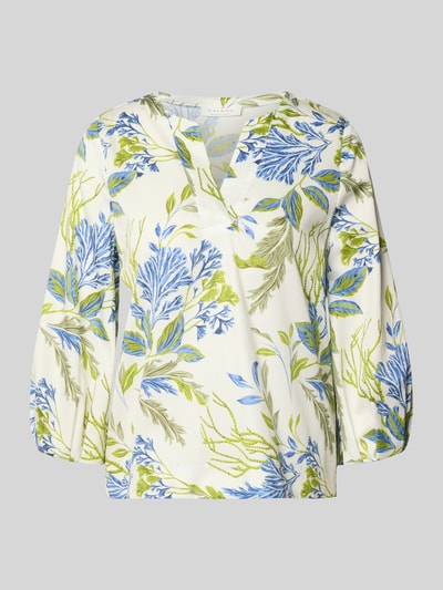 Produktfoto, Bluse mit 3/4-Arm und Tunikakragen von ETERNA aus reiner Baumwolle, lockerer Schnitt, florales Muster in Blau, Grün und Weiß