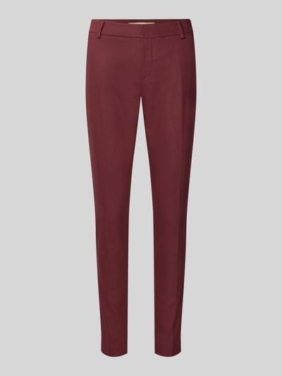 Produktfoto, Slim Fit Anzughose aus Baumwoll-Mix von MOS MOSH in Bordeaux, glatte Struktur, Gürtelschlaufen, Kontext: Damen Anzughose, angedeutete Gesäßtaschen, Knopf- und Reißverschluss, Bundweite 39 cm, Innenbeinlänge 76 cm