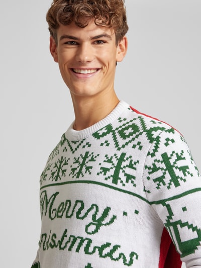 Only & Sons Weihnachtspullover mit Motiv- und Statement-Stitching Modell 'XMAS' Weiss 3