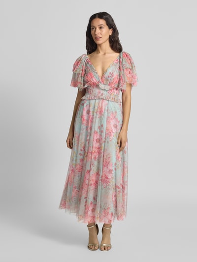 LACE & BEADS Knielanges Cocktailkleid mit V-Ausschnitt Hellgelb 4