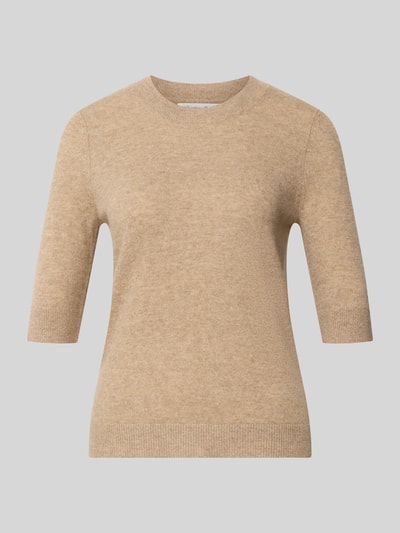 Produktfoto, sweter z dzianiny 'Strickpullover mit 1/2-Arm und Rundhalsausschnitt' z bawełny, krój slim fit, rękaw o dł. 1/2, okrągły dekolt, długość tyłu w rozmiarze S 53 cm, długość rękawa w rozmiarze S 32 cm od Christian Berg Woman, beżowy kolor, jednolita faktura