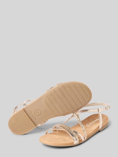 Produktfoto, Sandalen aus echtem Rindsleder von Tamaris in Beige, strukturierte Riemen, abgerundete Spitze, Blockabsatz, Dornschließe, leicht profilierte Sohle