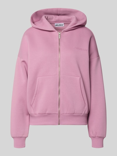 Produktfoto, Sweatjacke mit Logo und Känguru-Tasche von Review, rosa, Baumwoll-Mix, Relaxed-Fit, Kapuze, Reißverschluss, glatte Textur