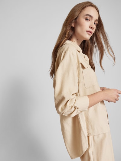 Only Oversized linnen blouse met paspelzakken op de borst, model 'CARO' Zand - 3