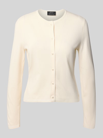 Produktfoto, Cardigan aus Viskose-Mix mit Kontrastkante von Marc Cain, gerade Form, Rundhalsausschnitt, cremefarben, glatte Textur