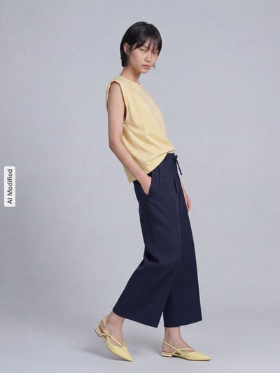 Frauenmodel trägt Top mit Rundhalsausschnitt und Kappärmeln von Jake*s Collection im Modal-Mix, gerade geschnitten, sanfte Gelb- und Dunkelblautöne, glatte Textur, Ganzkörperansicht von vorne.