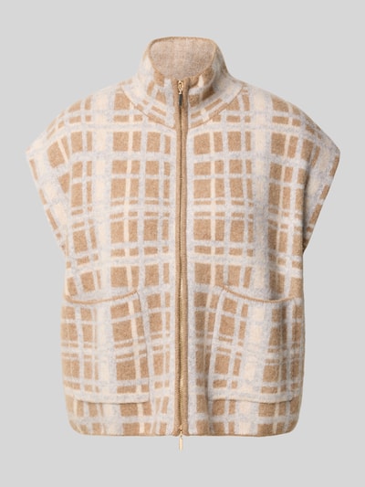 Produktfoto, Weste aus Wolle mit Eingrifftaschen und Stehkragen von Christian Berg Woman, beige und weiß kariert, Straight Fit, Reißverschluss, Kappärmel, reine Wolle, Rückenlänge bei Größe S 51 cm.