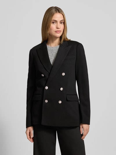 Vrouwenmodel draagt Zweireihiger Blazer mit Knopfverschluss van Polo Ralph Lauren in zwart met reverskraag en klepzakken, materiaal-mix, regular fit, borstzak, detailopname bovenlichaam.