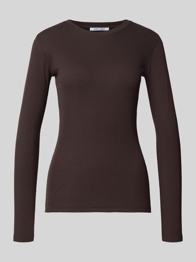 Productfoto, Longsleeve met ronde hals model 'ALEXA' van Samsøe Samsøe, katoen-elastaanmix, slim fit, ruglengte maat S 62 cm, effen donkerbruin, gladde textuur