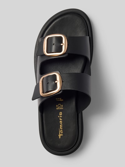 Produktfoto, Wedges aus echtem Leder von Tamaris, unifarben schwarz, abgerundete offene Schuhspitze, Keilabsatz, profiliert, goldene Dornschließen