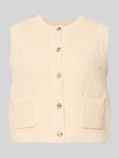 Produktfoto, Strickweste Melange Effekt mit Schmuckknopf von Christian Berg Woman im cremefarbenen Baumwoll-Mix, gerippt, Rundhalsausschnitt, Knopfleiste, Eingrifftaschen, Regular Fit, melierte Textur
