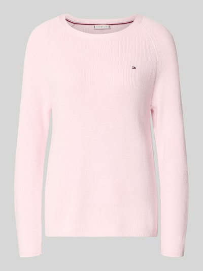 Produktfoto, Regular Fit Pullover aus reiner Baumwolle van Tommy Hilfiger, look: effen lichtroze, ribtricot, logostitching, ronde hals, lange mouw, katoen