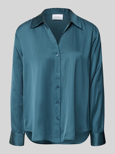 Productfoto, Regular Fit Bluse aus Viskose-Mix mit V-Ausschnitt van comma, glanzend blauwgroen, Overhemdkraag, knoopsluiting, dames, viscosemix, regular fit, ruglengte maat 36: 63 cm, mouwlengte maat 36: 58 cm