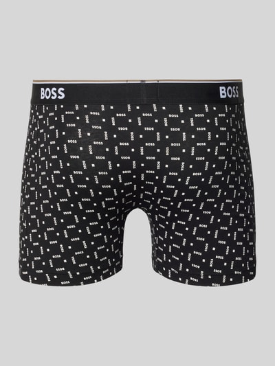 Produktfoto, Slim Fit Boxershorts aus Baumwoll-Mix Modell 'POWER' von BOSS mit Allover-Label-Schriftzug, elastischer Bundabschluss, Stretch-Webstruktur, schwarze Grundfarbe mit weißen Akzenten.