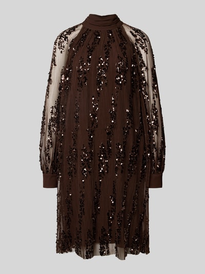 Produktfoto, Knielanges Cocktailkleid mit Pailletten von Christian Berg Cocktail, braunes Mesh in A-Linie mit Stehkragen und langen Ärmeln