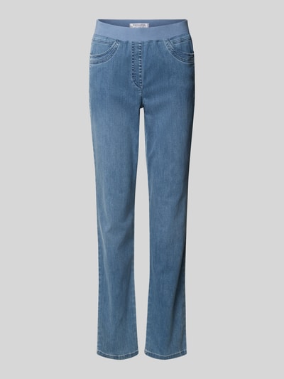 Produktfoto, Straight Fit Jeans mit Lyocell-Anteil Modell 'Pamina' von Raphaela By Brax in Hellblau, elastischer Baumwoll-Mix, sichtbare Eingriff- und Gesäßtaschen, glatte Textur, elastischer Bund, frontal fotografiert.
