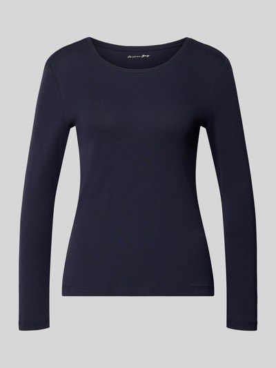 Produktfoto, Slim Fit Longsleeve aus reiner bawełny von Christian Berg Woman, kolor granatowy, krój slim fit, okrągły dekolt, długość tyłu w rozmiarze S: 59 cm