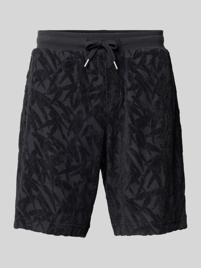 Produktfoto, Regular Fit Sweatshorts aus reiner Baumwolle von Marc O'Polo in Schwarz mit floralem Allover-Muster, Frottee-Jersey-Struktur, Tunnelzugbund, Label-Patch