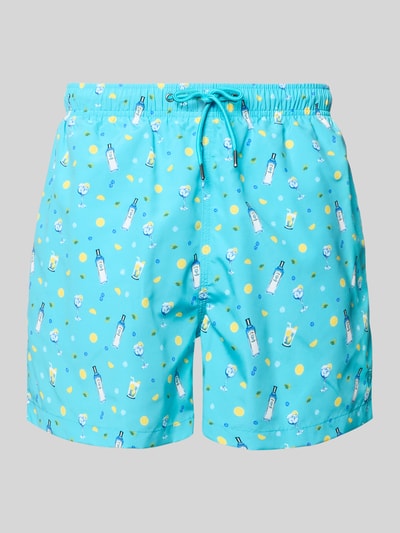 Produktfoto, Badehose im Allover-Look mit elastischem Bund von MCNEAL in Türkis mit Flaschen- und Zitronenprint, Regular Fit, Tunnelzug