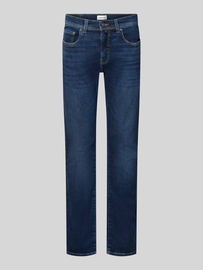 Produktfoto, Regular Fit Jeans im 5-Pocket-Design Modell 'Lyon' von Pierre Cardin, dunkelblaue Farbe, elastischer Baumwoll-Mix mit Lyocell-Anteil, sichtbarer Knopf- und Reißverschluss, strukturierte Denim-Oberfläche, Bundweite 41 cm, Innenbeinlänge 79 cm