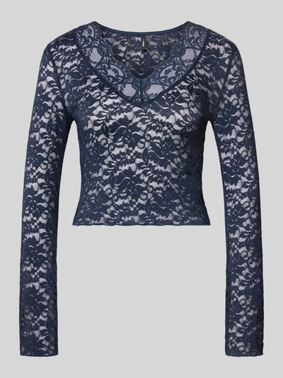 Productfoto, donkerblauw shirt met lange mouwen in mesh-look, transparante kantstructuur, Slim Fit Langarmshirt in Spitzen-Mesh-Optik model 'NIKKA' van ONLY, Dames Langarmshirt