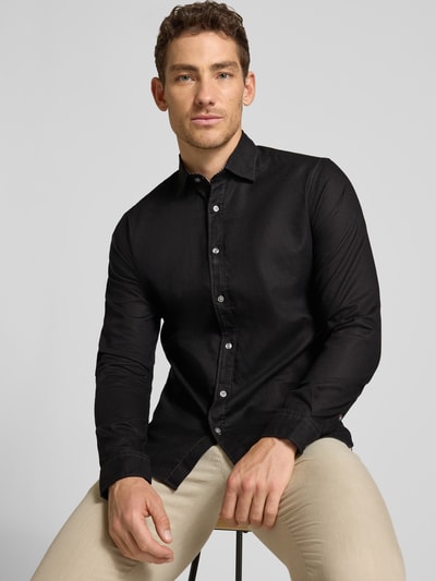 FIL NOIR Regular Fit Business-Hemd aus Leinen-Baumwoll-Mix Modell 'ROMA' Black 3