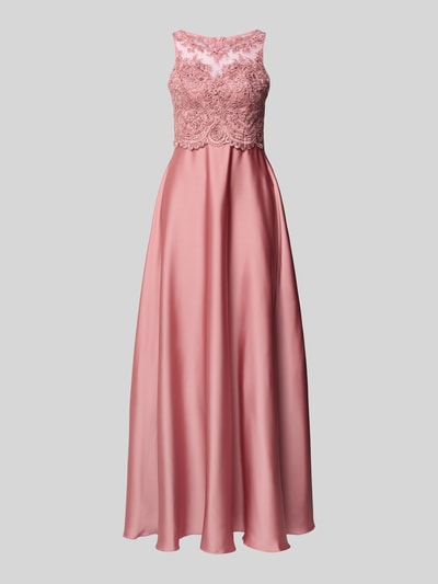 Produktfoto, Abendkleid mit floralem Spitzenbesatz von Laona in Rosa mit Ziersteinbesatz, semitransparente Optik, taillierte Passform