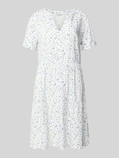 Produktfoto, Tailliertes Sommerkleid aus reiner Viskose Modell 'ZALLY LIFE' von Only, Optik: Allover-Muster, Mini-Länge, V-Ausschnitt, Kurzarm, Material: reine Viskose, überwiegend weiß mit kleinen blauen Mustern, glatte Stoffstruktur
