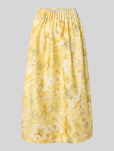 Produktfoto, spódnica midi z wysokim stanem z mieszanki lyocellu i lnu model 'LEMON' od YAS, linia a, drapowania, wpuszczana kieszeń, szerokość w rozmiarze 36: 35 cm, całkowita długość w rozmiarze 36: 88 cm, żółty wzór floralny