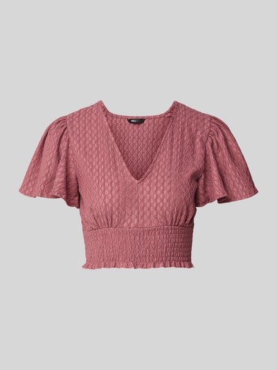 Produktfoto, Regular Fit Crop Top mit Strukturmuster Modell 'HANNAH' von Only in Altrosa, strukturierte Oberfläche, gesmoktes Brustband, V-Ausschnitt, Schmetterlingsärmel, kurzarm, unifarben, Rumpfabschluss mit Smok, Damen Crop Top