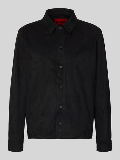 Produktfoto, Regular Fit Freizeithemd in Wildleder-Optik Modell 'ENASO' von HUGO, schwarz, Kentkragen, durchgehende Knopfleiste, Langarm mit Manschette, seitliche Eingrifftaschen
