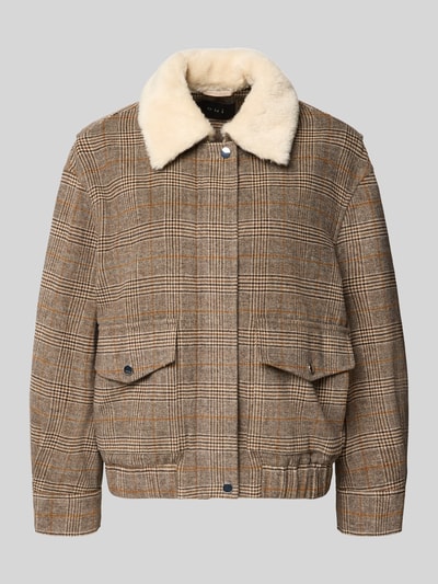 Produktfoto, Regular Fit Jacke mit Woll-Anteil von Oui in braun-beigem Karomuster, Umlegekragen, aufgesetzte Taschen, elastischer Bund, Material-Mix, 59 cm Rückenlänge, 46 cm Schulterbreite, 53 cm Brustweite, 61 cm Ärmellänge