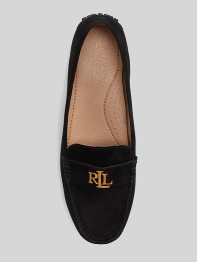 Produktfoto, schwarzer Slipper mit Label-Detail Modell 'BARNSBURY' von Lauren Ralph Lauren, echtes Leder, abgerundete Spitze, strukturierte Sohle