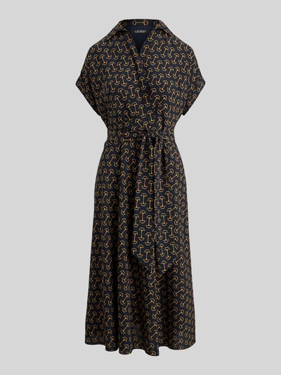 Produktfoto, Tailliertes Wickelkleid aus Chiffon von Lauren Ralph Lauren mit Allover-Muster in Schwarz und Gold, Midi-Länge, V-Ausschnitt, Taillengürtel zum Binden, kurze Ärmel mit fixiertem Umschlag, leichte Chiffon-Textur